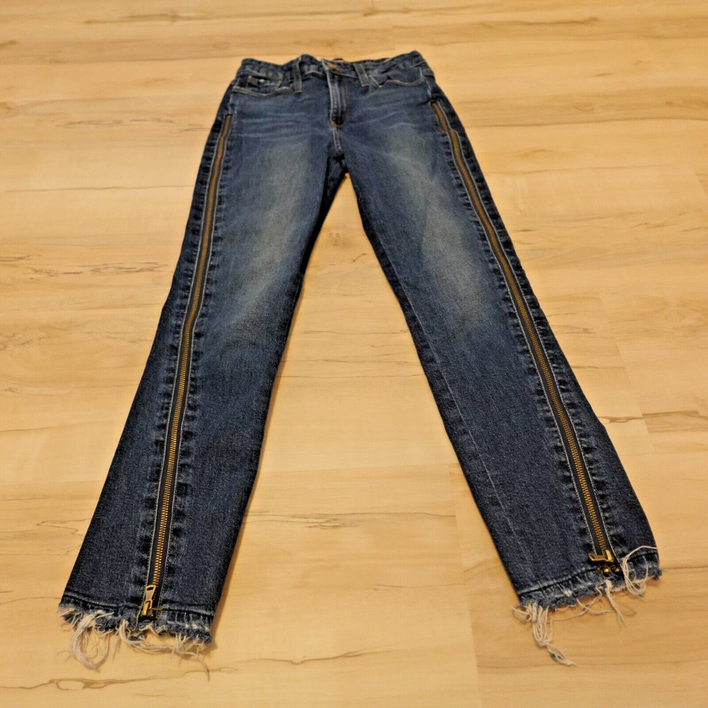 Paige Women 26 Jeans Jacquline Straight Zipper Raw Hem Mid Wash Blue